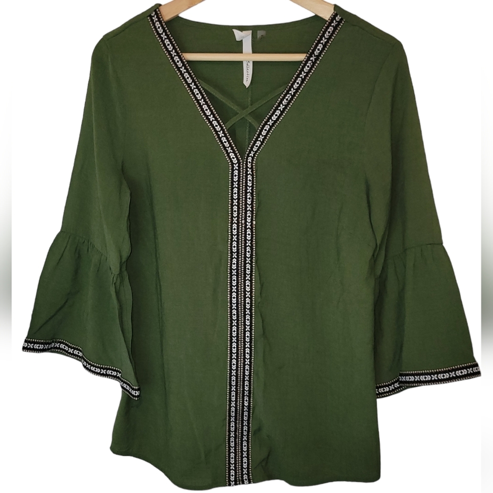 Women's NY Collection Green Crochet Knit Blouse Size Medium